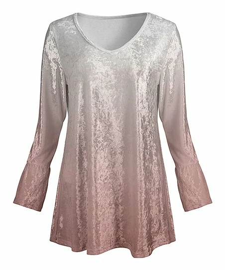 Lily | Pink & White Ombré Velvet V-Neck Tunic - Women 1 Lily | Pink & White Ombré Velvet V-Neck Tunic - Women