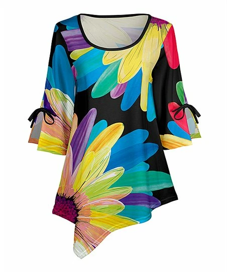 Lily | Black & Yellow Floral Tie-Sleeve Asymmetrical-Hem Tunic - Plus 1 Lily | Black & Yellow Floral Tie-Sleeve Asymmetrical-Hem Tunic - Plus