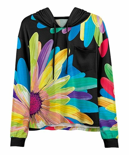 Lily | Black Multicolor Floral Patch-Pocket Hoodie - Women & Plus 1 Lily | Black Multicolor Floral Patch-Pocket Hoodie - Women & Plus