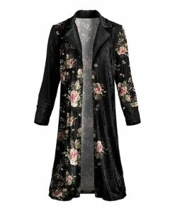 Lily | Black & Pink Rose Velvet Button-Up Duster - Plus