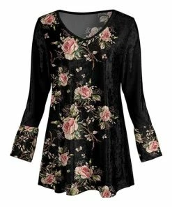 Lily | Black & Pink Rose Velvet V-Neck Tunic - Plus