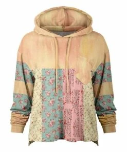 Lily | Yellow & Blue Abstract Floral Patchwork Loose Fit Patch-Pocket Hoodie - Women & Plus