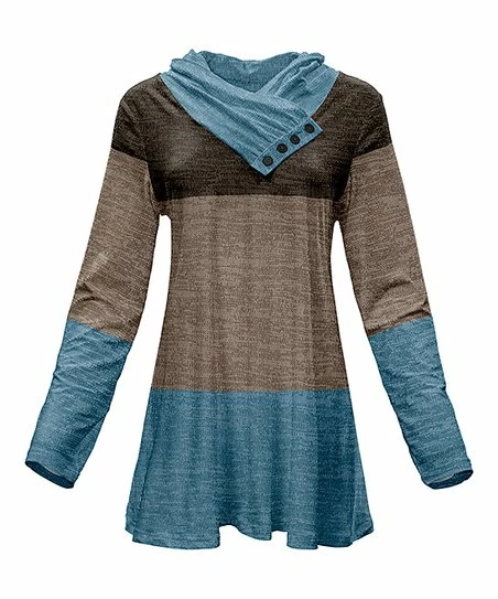Lily | Blue & Brown Color Block Button-Accent Cowl Neck Tunic - Women 1 Lily | Blue & Brown Color Block Button-Accent Cowl Neck Tunic - Women