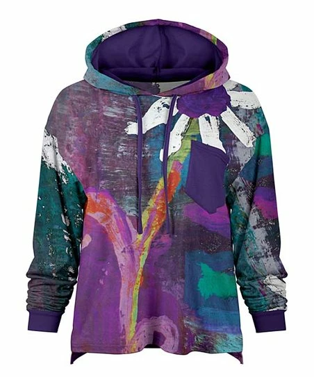 Lily | Purple & Blue Painted-Daisy Loose Fit Pocket Hoodie - Women & Plus 1 Lily | Purple & Blue Painted-Daisy Loose Fit Pocket Hoodie - Women & Plus