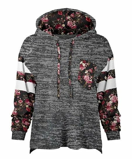 Lily | Pink & Gray Melange Floral Stripe Loose Fit Pocket Hoodie - Women & Plus 1 Lily | Pink & Gray Melange Floral Stripe Loose Fit Pocket Hoodie - Women & Plus