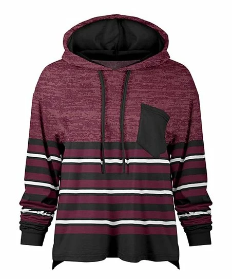 Lily | Mauve & Black Stripe-Border Loose Fit Pocket Hoodie - Women & Plus 1 Lily | Mauve & Black Stripe-Border Loose Fit Pocket Hoodie - Women & Plus