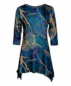 Lily | Blue & Gold Marble Three-Quarter Sleeve Sidetail Tunic - Women