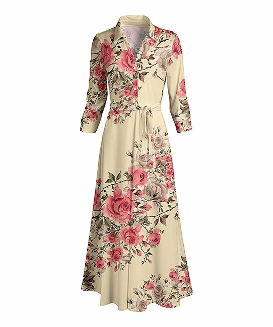 Lily | Coral & Pink Floral Tie-Waist Maxi Shirt Dress - Women 2 Lily | Coral & Pink Floral Tie-Waist Maxi Shirt Dress - Women - Image 2