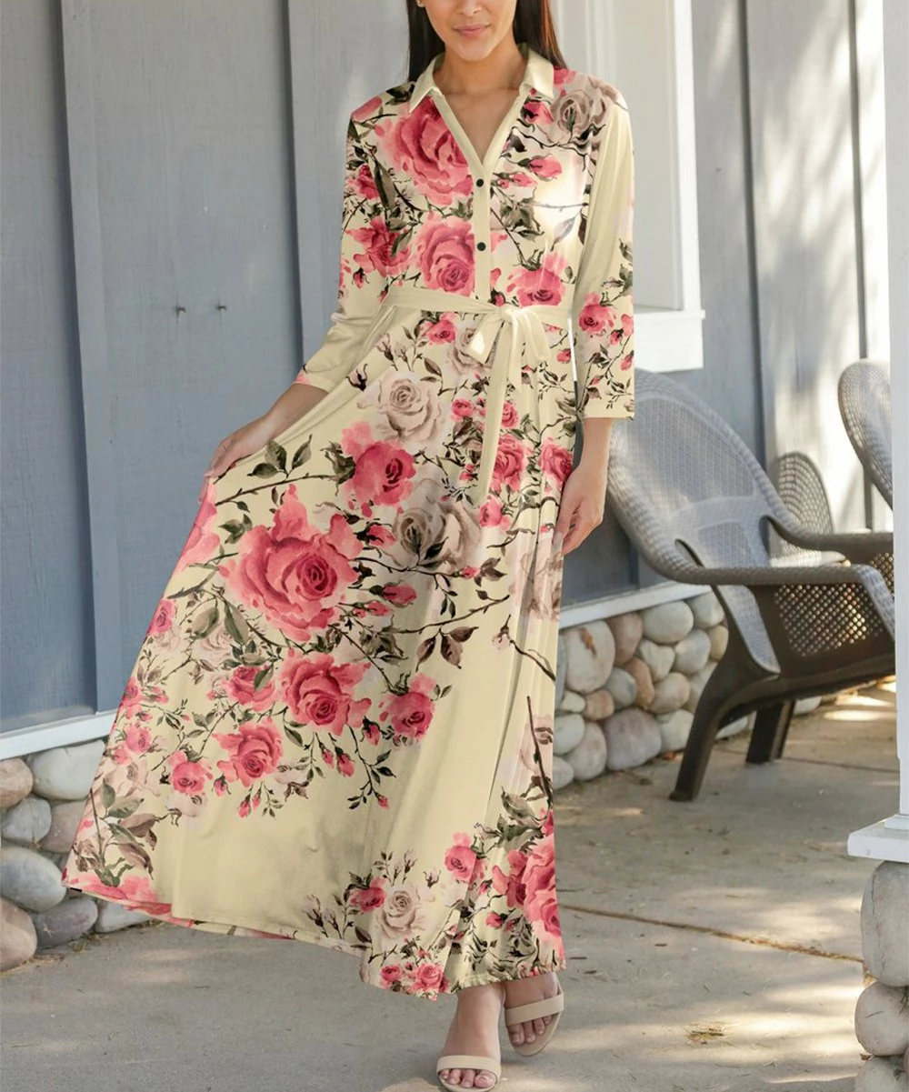 Lily | Coral & Pink Floral Tie-Waist Maxi Shirt Dress - Women 1 Lily | Coral & Pink Floral Tie-Waist Maxi Shirt Dress - Women