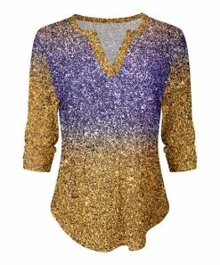 Lily | Gold & Purple Abstract Three-Quarter Sleeve Notch Neck Top - Plus