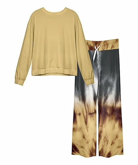 Lily | Beige Sweatshirt & Beige Tie-Dye Lounge Pants - Women 1 Lily | Beige Sweatshirt & Beige Tie-Dye Lounge Pants - Women