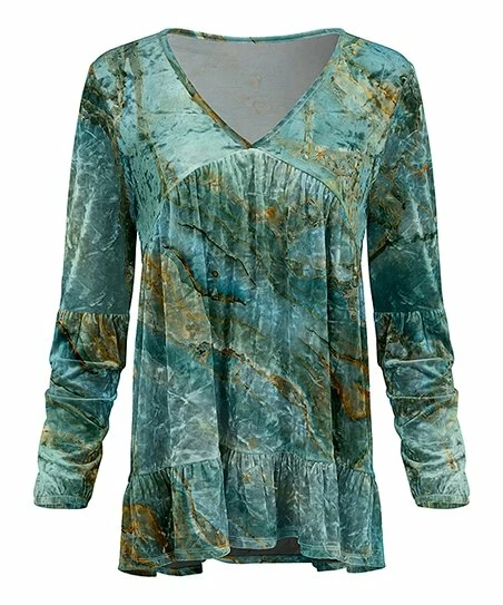 Lily | Turquoise & Gold Abstract Velvet V-Neck Long-Sleeve Tunic - Women 1 Lily | Turquoise & Gold Abstract Velvet V-Neck Long-Sleeve Tunic - Women