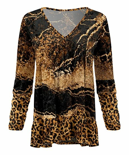Lily | Black & Tan Leopard Velvet V-Neck Tunic - Women 1 Lily | Black & Tan Leopard Velvet V-Neck Tunic - Women