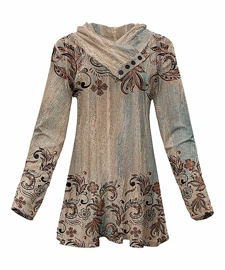 Lily | Black & Brown Arabesque Button Shawl Collar Tunic - Plus 1 Lily | Black & Brown Arabesque Button Shawl Collar Tunic - Plus