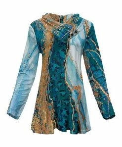 Lily | Turquoise & Gold Leopard Marble Button Cowl Neck Tunic - Women