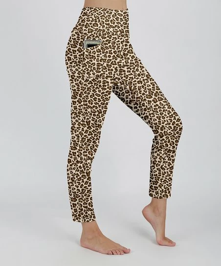 Lily | Cream & Brown Leopard Pocket High-Waist Leggings - Women 1 Lily | Cream & Brown Leopard Pocket High-Waist Leggings - Women