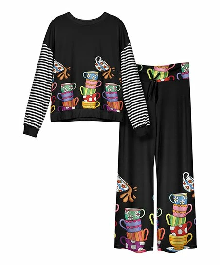 Lily | Black Stripe Teacups Pullover Pajama Set - Women & Plus 1 Lily | Black Stripe Teacups Pullover Pajama Set - Women & Plus