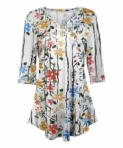 Lily | White & Yellow Floral Three-Quarter Sleeve V-Neck Tunic - Plus