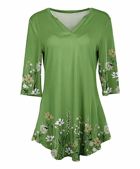 Lily | Light Green & White Floral Three-Quarter Sleeve V-Neck Tunic - Women & Plus 1 Lily | Light Green & White Floral Three-Quarter Sleeve V-Neck Tunic - Women & Plus