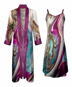 Lily | Pink & Gold Marble-Swirl Robe & Nightgown - Women & Plus
