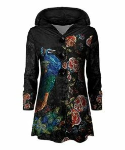 Lily | Black & Blue Floral Peacock Button-Front Velvet Hooded Cardigan - Women & Plus