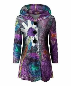 Lily | Purple & Turquoise Floral Button-Front Velvet Hooded Tunic - Plus