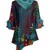 Lily | Turquoise Floral Button-Cowl Asymmetric-Hem Tunic - Women