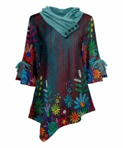 Lily | Turquoise Floral Button-Cowl Asymmetric-Hem Tunic - Women
