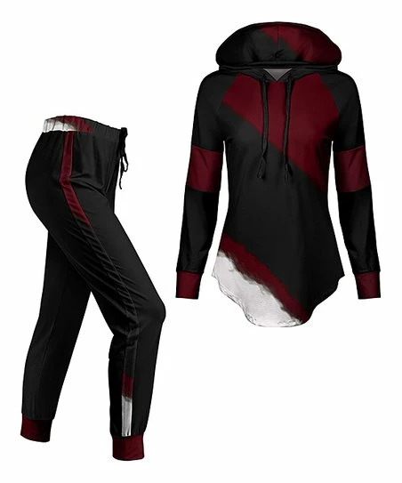 Lily | Black & Red Abstract Curve-Hem Hoodie & Joggers - Plus 1 Lily | Black & Red Abstract Curve-Hem Hoodie & Joggers - Plus
