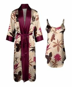 Lily | Beige Floral Satin Nightgown & Robe - Women & Plus
