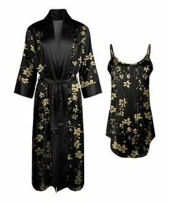 Lily | Black & Beige Floral Satin Nightgown & Robe - Women & Plus