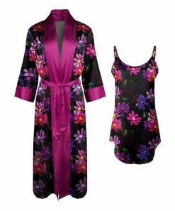 Lily | Black & Pink Floral Satin Nightgown & Robe - Women & Plus