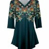 Lily | Teal & Brown Floral Three-Quarter Sleeve V-Neck Tunic - Plus