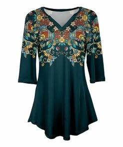 Lily | Teal & Brown Floral Three-Quarter Sleeve V-Neck Tunic - Plus