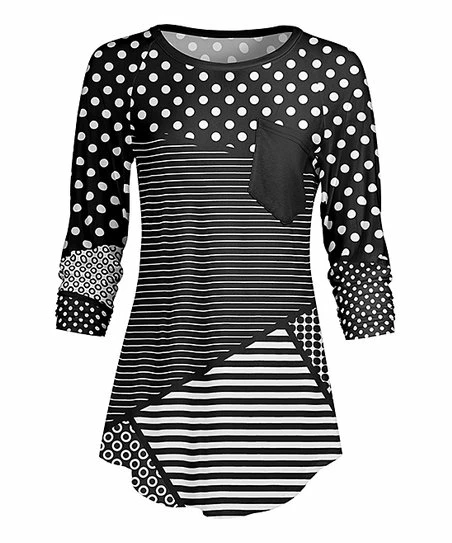 Lily | Black & White Polka Dot & Stripe Raglan Tunic - Women 1 Lily | Black & White Polka Dot & Stripe Raglan Tunic - Women
