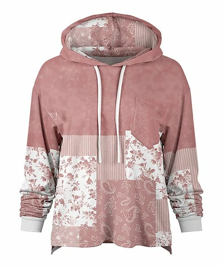 Lily | Pink & White Floral Patchwork Loose Fit Pocket Hoodie - Women & Plus 1 Lily | Pink & White Floral Patchwork Loose Fit Pocket Hoodie - Women & Plus
