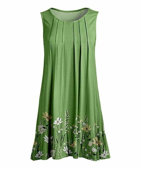 Lily | Green & White Floral Pleated Sleeveless Tunic - Women & Plus 1 Lily | Green & White Floral Pleated Sleeveless Tunic - Women & Plus