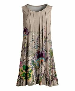 Lily | Beige Floral Pleated Sleeveless Tunic - Women