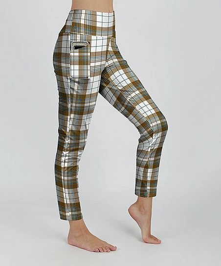 Lily | White & Brown Plaid Pocket High-Waist Leggings - Women 1 Lily | White & Brown Plaid Pocket High-Waist Leggings - Women