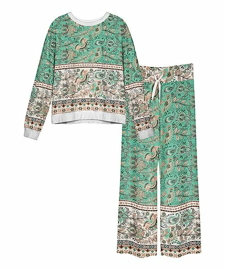 Lily | Mint & Beige Floral & Geometric Long-Sleeve Top & Lounge Pants - Women & Plus 1 Lily | Mint & Beige Floral & Geometric Long-Sleeve Top & Lounge Pants - Women & Plus