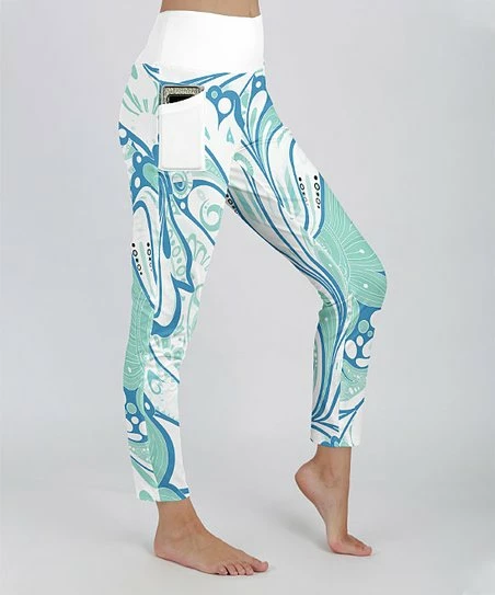 Lily | Blue & Turquoise Arabesque Pocket High-Waist Leggings - Women 1 Lily | Blue & Turquoise Arabesque Pocket High-Waist Leggings - Women