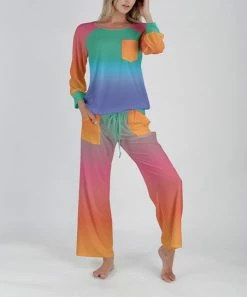 Lily | Teal & Pink Ombré Long-Sleeve Top & Drawstring Lounge Pants - Plus