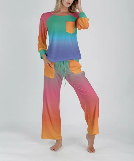 Lily | Teal & Pink Ombré Long-Sleeve Top & Drawstring Lounge Pants - Plus 1 Lily | Teal & Pink Ombré Long-Sleeve Top & Drawstring Lounge Pants - Plus