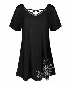 Lily | Black & Gray Floral Crisscross-Strap V-Neck Tunic - Women