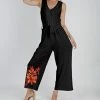Lily | Black & Red Floral Tie-Waist Sleeveless Jumpsuit - Plus