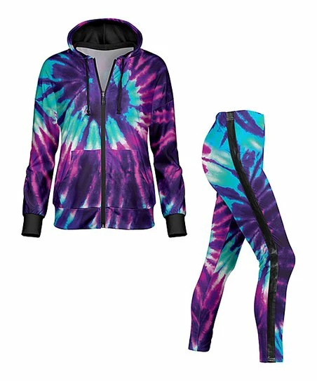 Lily | Purple & Turquoise Tie-Dye Front-Pocket Active Hoodie & Leggings - Plus 1 Lily | Purple & Turquoise Tie-Dye Front-Pocket Active Hoodie & Leggings - Plus