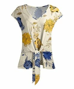 Lily | Beige & Blue Floral Tie-Front V-Neck Top - Women