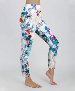 Lily | White & Blue Watercolor Petals High-Waist Pocket Leggings - Women