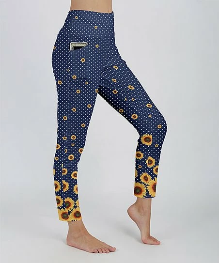 Lily | Navy & Yellow Sunflower Dot High-Waist Pocket Leggings - Plus 1 Lily | Navy & Yellow Sunflower Dot High-Waist Pocket Leggings - Plus