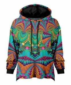 Lily | Black & Multicolor Geometric Pocket Drawstring Hoodie - Women